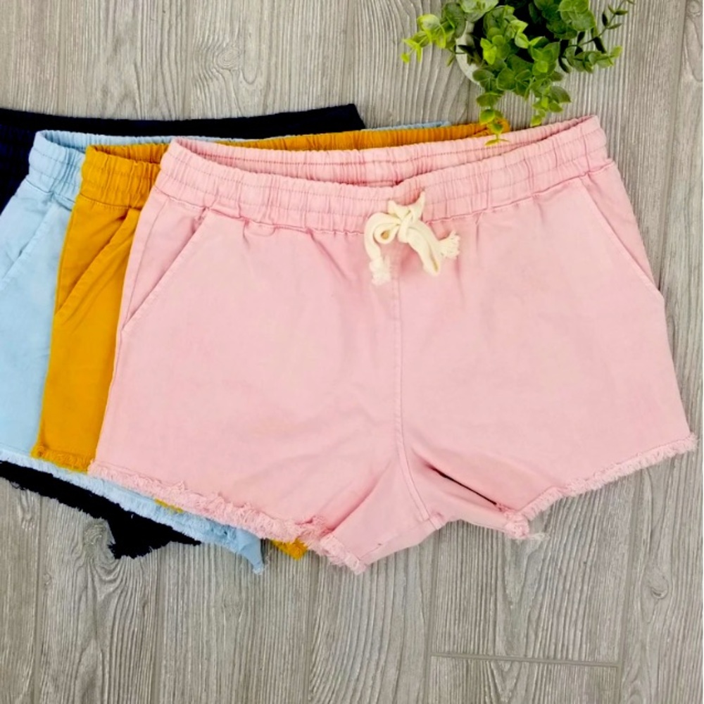 Denim linen drawstring fringe shorts blush
